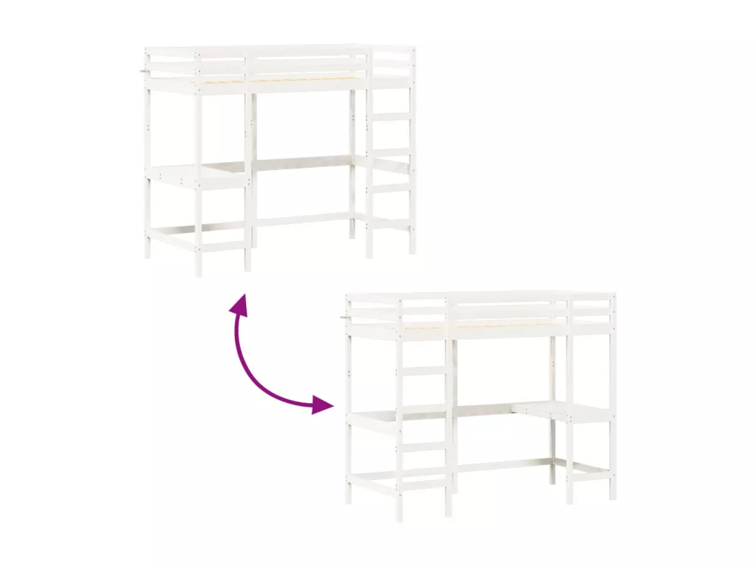 Lit superposé avec bureau blanc 90x190 cm bois de pin massif