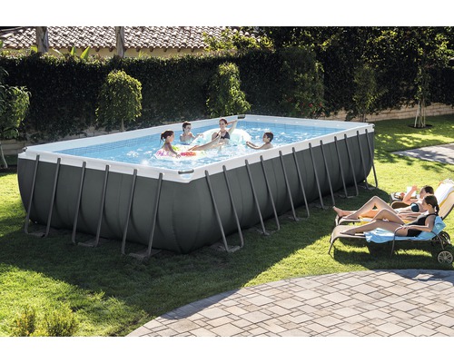 Intex Ultra Quadra XTR rechthoekige opzetzwembadset, 732 x 366 x 132 cm, inclusief zandfiltersysteem, ladder, afdekking, bodembeschermvlies & aansluitslang, grijs