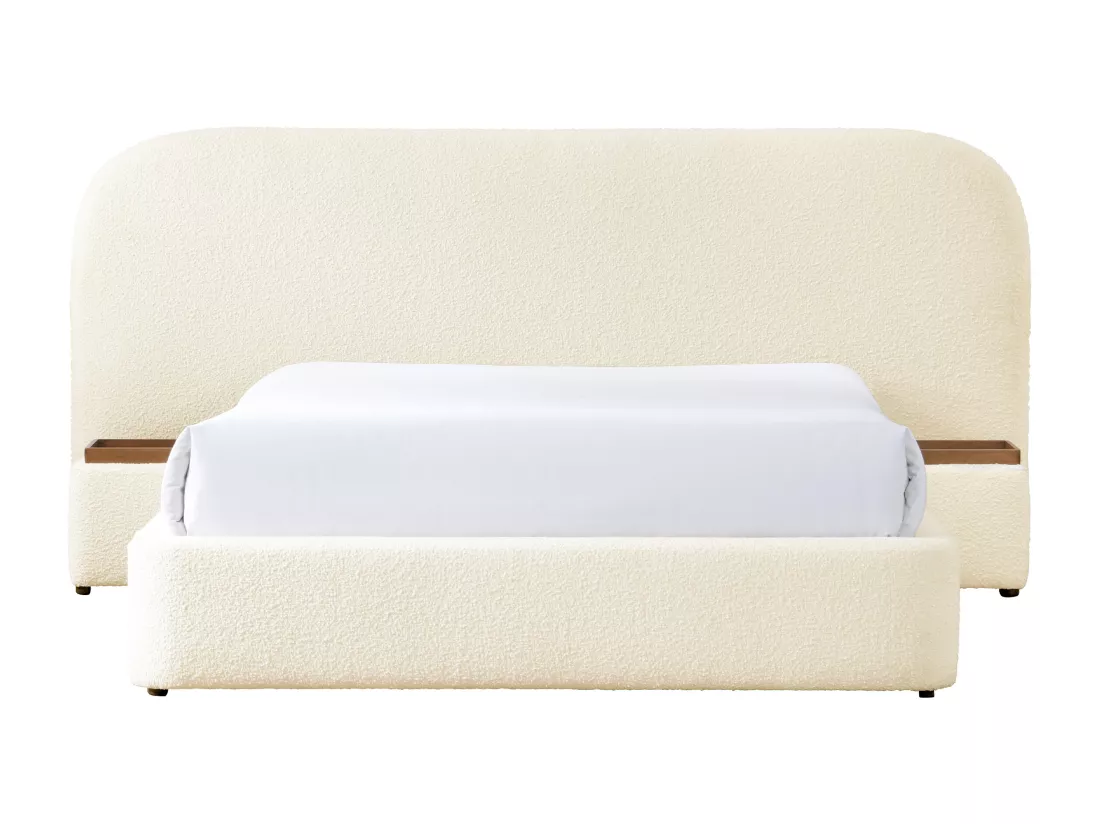 Lit coffre 140 x 200 cm avec chevets - Tissu bouclette - Blanc + Matelas - ESTERIA de Maison Céphy