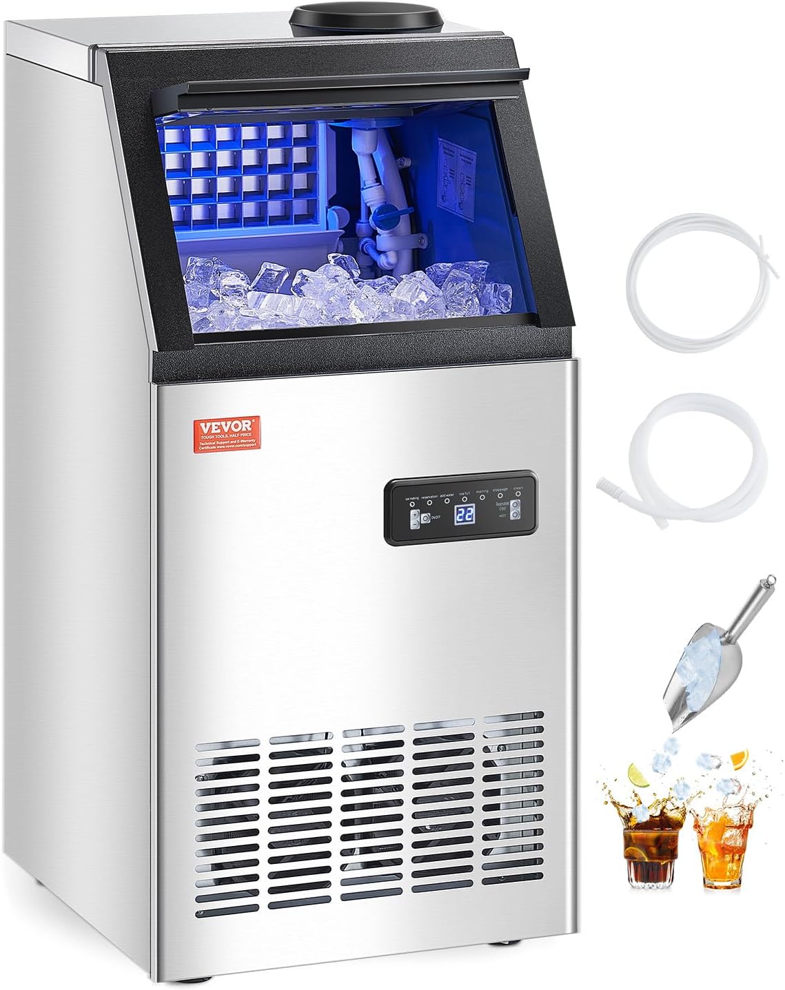 VEVOR kommerzielle Eismaschine (54,43 kg/Tag) Eisbereiter mit 12,7 kg Speicherkapazität, 36 Eiswürfel in 15 Minuten, mit LED-Digitalanzeige & 2 Möglichkeiten zur Wasserzugabe, für Bar Büro Restaurant