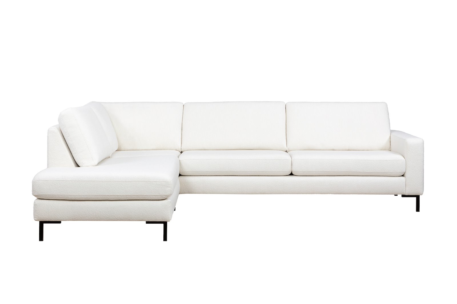 Pixel hjørnesofa 3-seter med åpen ende venstre i tekstil Alpine 101 Ivory med høy front, sorte stålben M01 og arm A15. Komfort 1 puter.