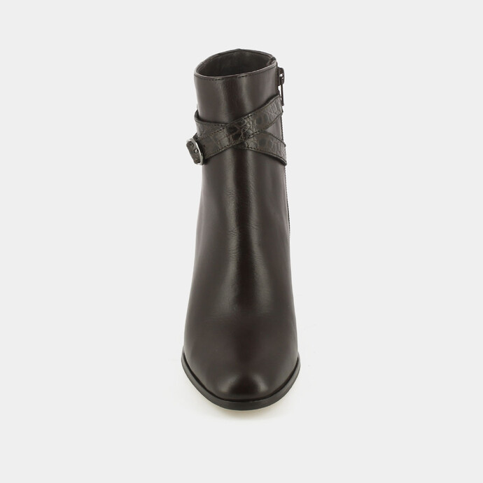 Bottines à talons et boucles  en cuir et croco marron