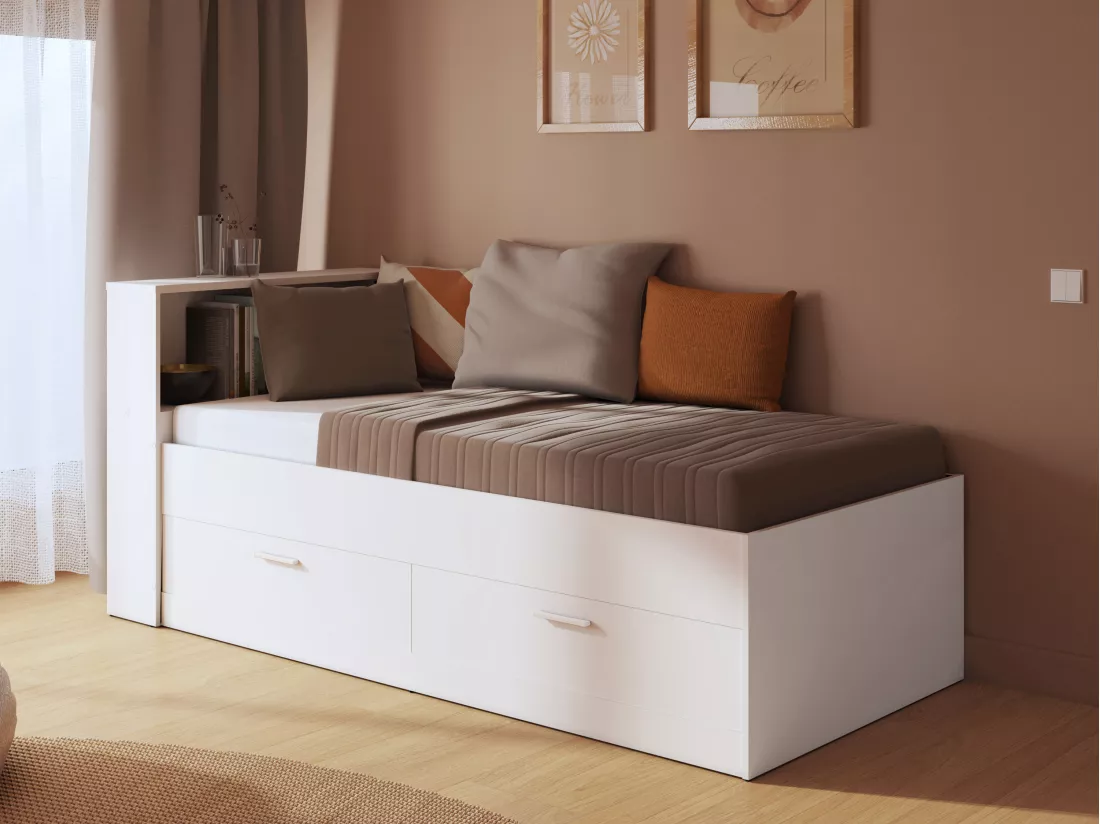 Lit 90 x 190 cm avec tiroirs et rangements - Coloris : Blanc - BORIS II