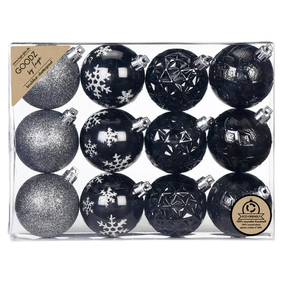 Inge Christmas kerstballen - 12x st - zwart - 6 cm - kunststof