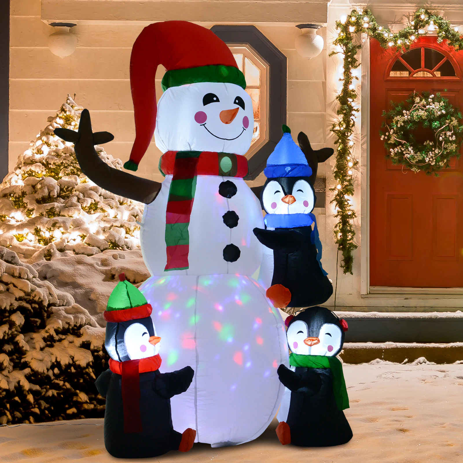 HOMCOM Aufblasbarer LED Schneemann mit 3 Pinguinen bunt 140 x 70 x 180 cm (BxTxH)