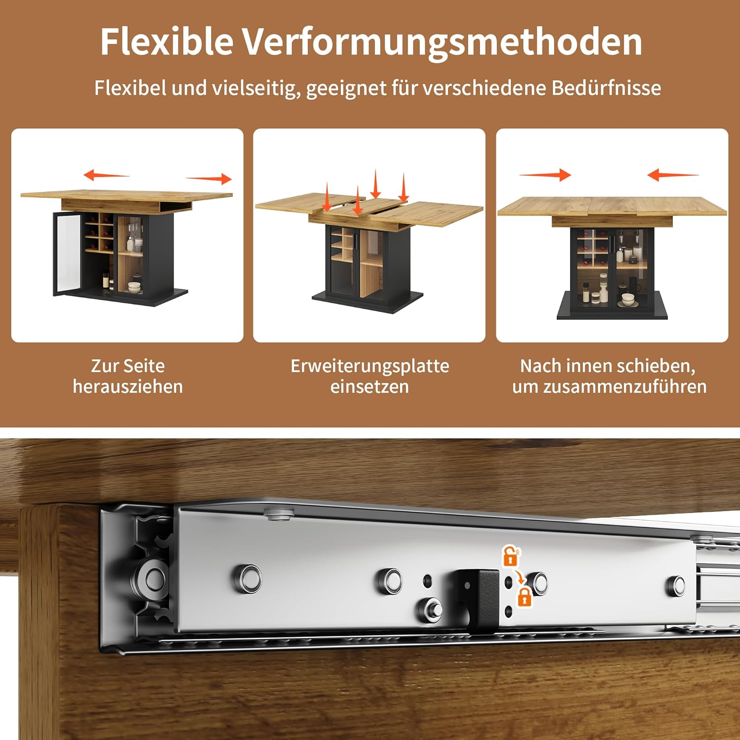 Esstisch Ausziehbar(110-140 * 80cm), Teleskoptisch für 4-6 Personen, Esstisch mit Stauraum, Esszimmertische mit Weinregal und Braune Glastür für Küche und Wohnzimmer, Schwarz（Keine Stühle）