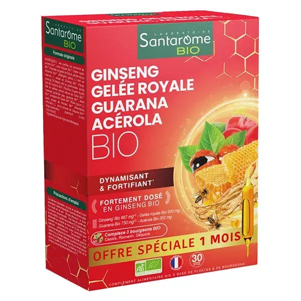 Santarome, Ginseng Orgânico, Geléia Real, Guaraná, Acerola - Vitalidade - 30 ampolas