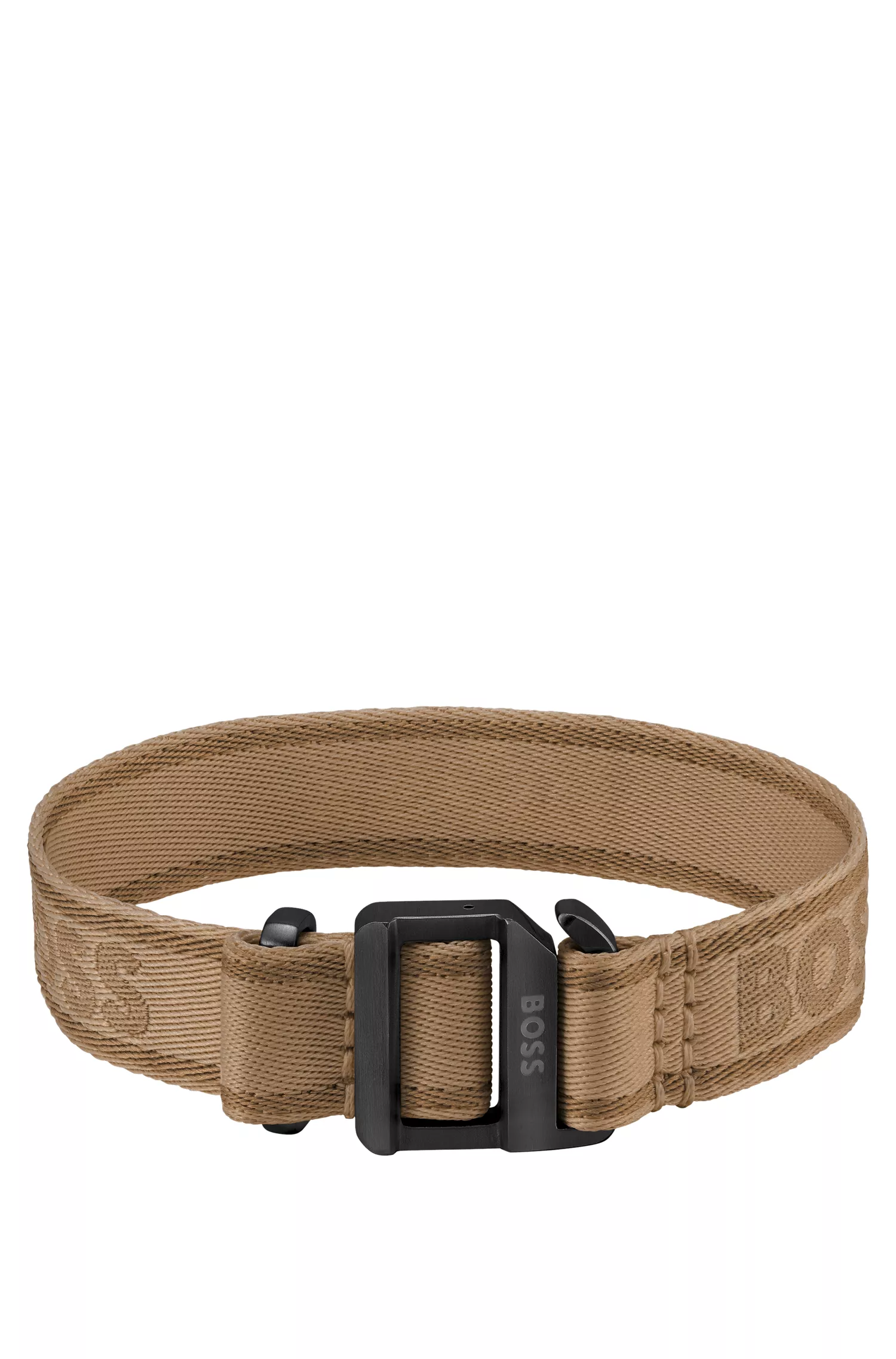 Bracelete BOSS em tecido nas cores preto e camelo com logo e fivela ajustável.