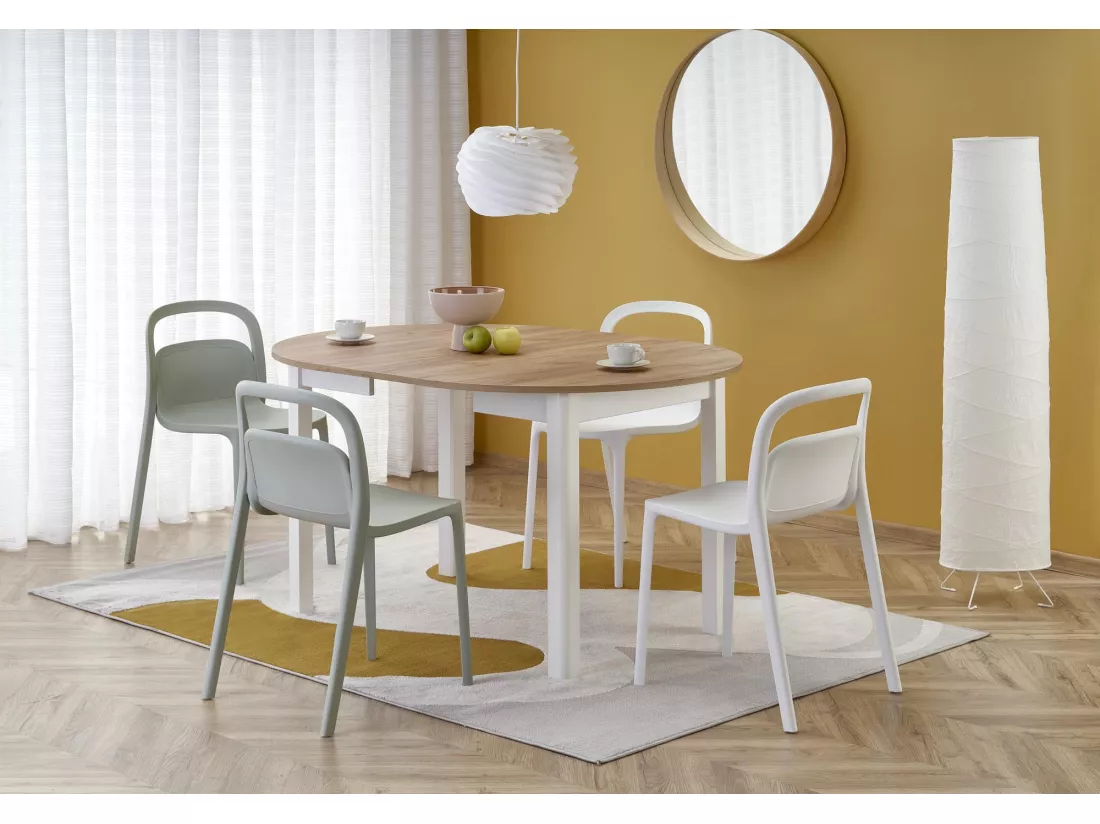 Table à manger ronde 100cm extensible avec plateau aspect chêne et pieds blancs CARENE