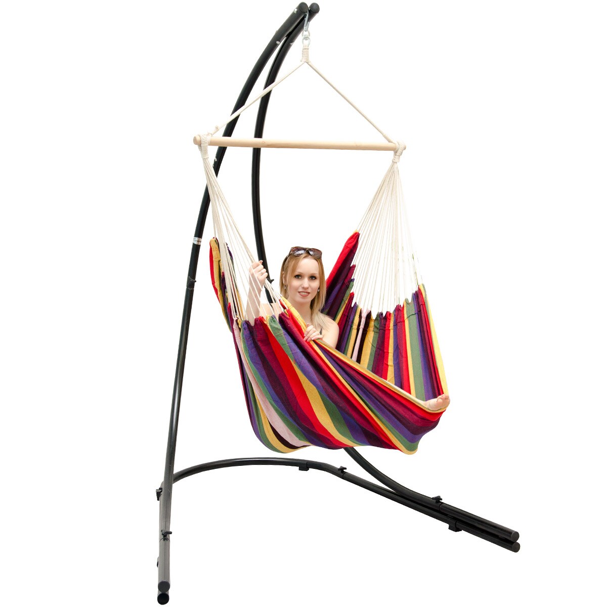 Freistehendes Stahl-Hängestuhlgestell 210cm inkl. XXL Hängesessel aus Baumwolle mit Swivel 185x130cm