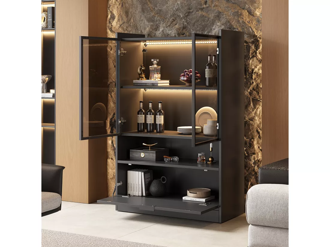 Vitrine avec 3 portes et 1 compartiment - 80 x 35 x 120 cm - LEDs - Panneau de particules et verre - Noir