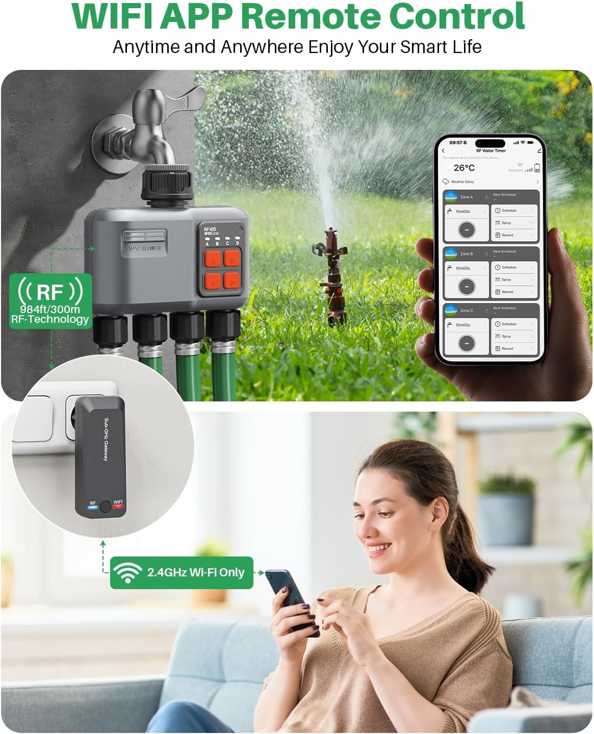 Bewässerungscomputer WLAN 4 Ausgänge mit 300M RF-Technologie, Bewässerungsuhr für Gartenbewässerung Kompatibel mit Alexa & Smart Life App, Automatischem Bewässerungssystem für Garten Rasen