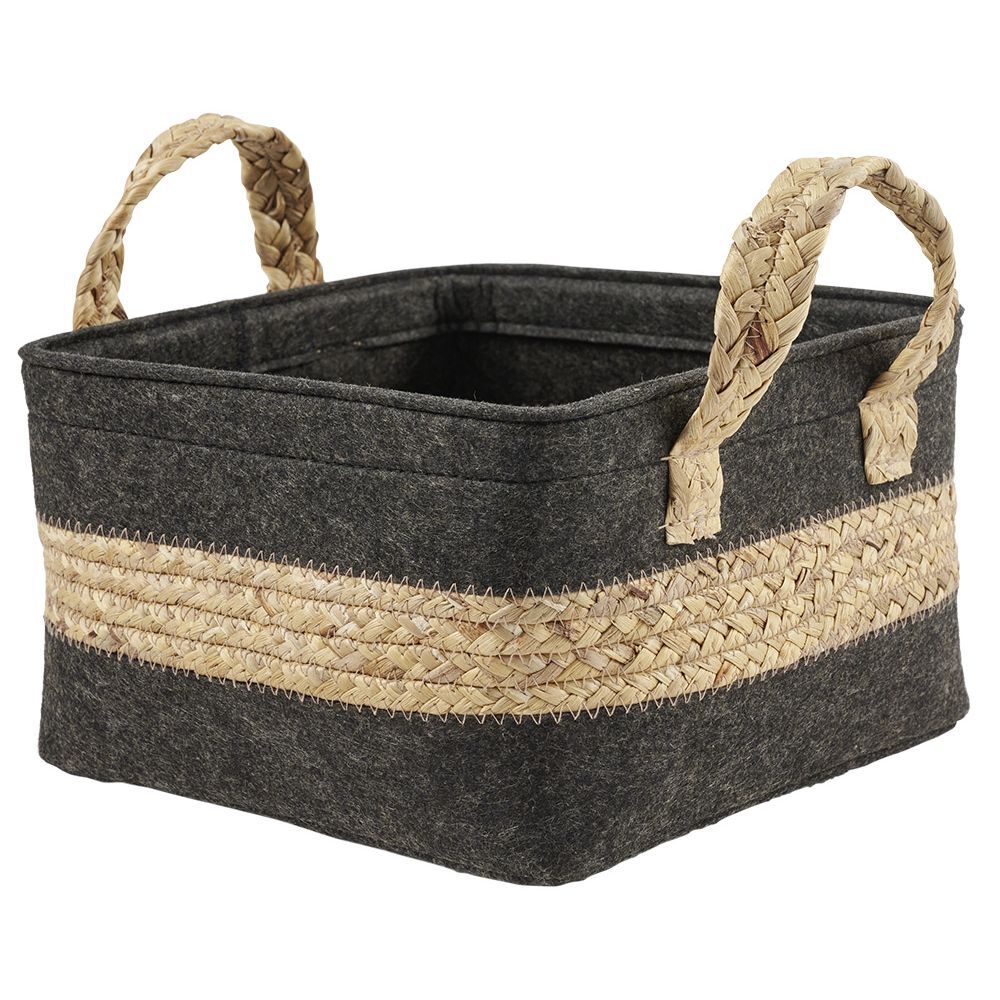 Panière en jonc de mer noir avec bande déco naturel - 25x23xH25 cm