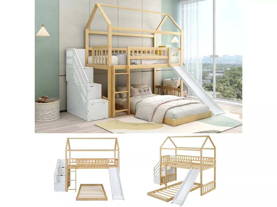 Lit superposé 2x90x200cm, lit cabane enfnat avec toboggan,avec 3 escaliers de rangement, cadre en bois, naturel+blanc