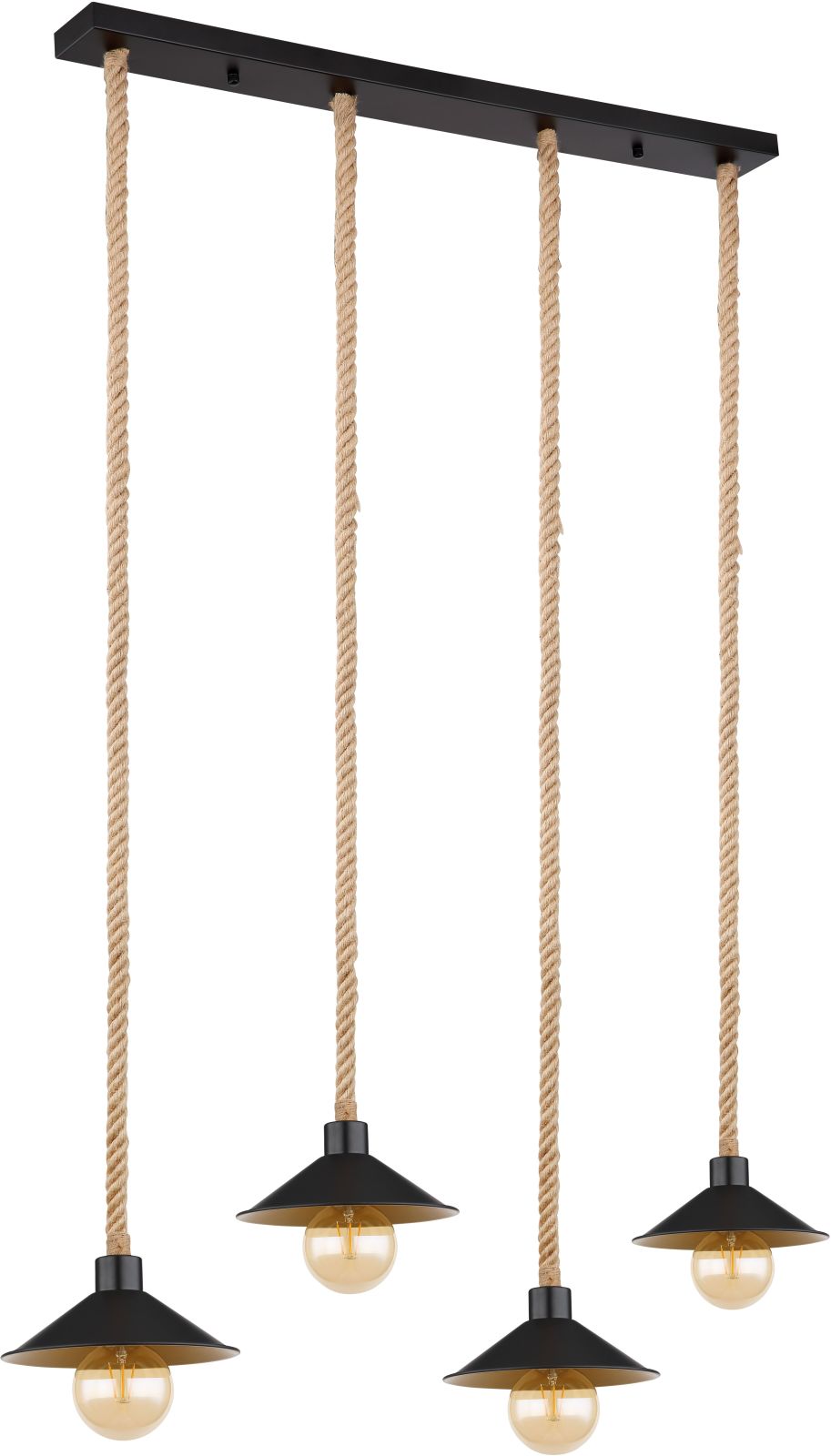 Pendelleuchte - schwarz matt - goldfarben - Hanfseil - 170 cm - 4-flammig