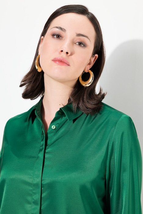 Satin-Hemdbluse, hinten länger, Hemdkragen, Langarm
