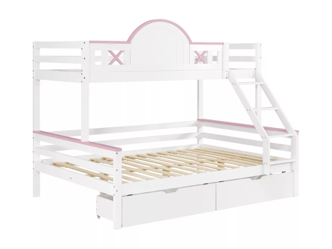 Lit superposé 90x200cm,140x200cm, Lit d'enfant, avec barrière de sécurité de couleur contrastée, Deux tiroirs,Blanc+Rose,Sans matelas