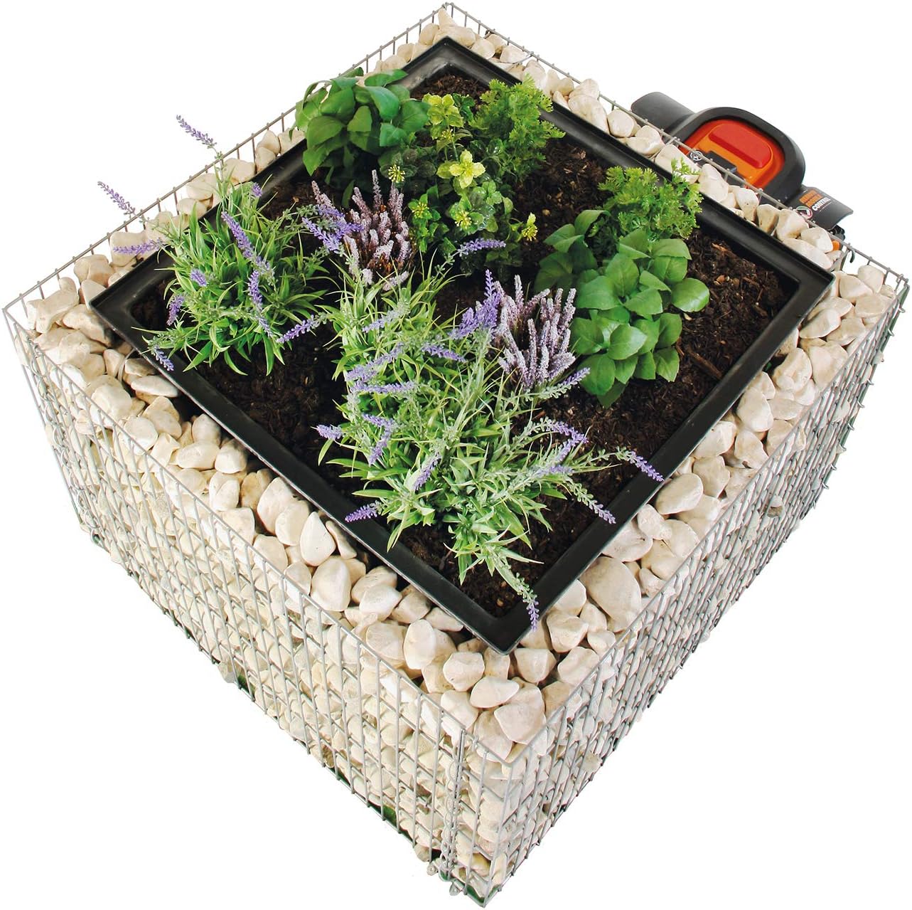 bellissa - Zink-Aluminium, Gabionen Mähroboter-Garage - 97296 - Bepflanzbare Rasenmäher-Garage mit Pflanzschale, Silber - 75x75x53 cm