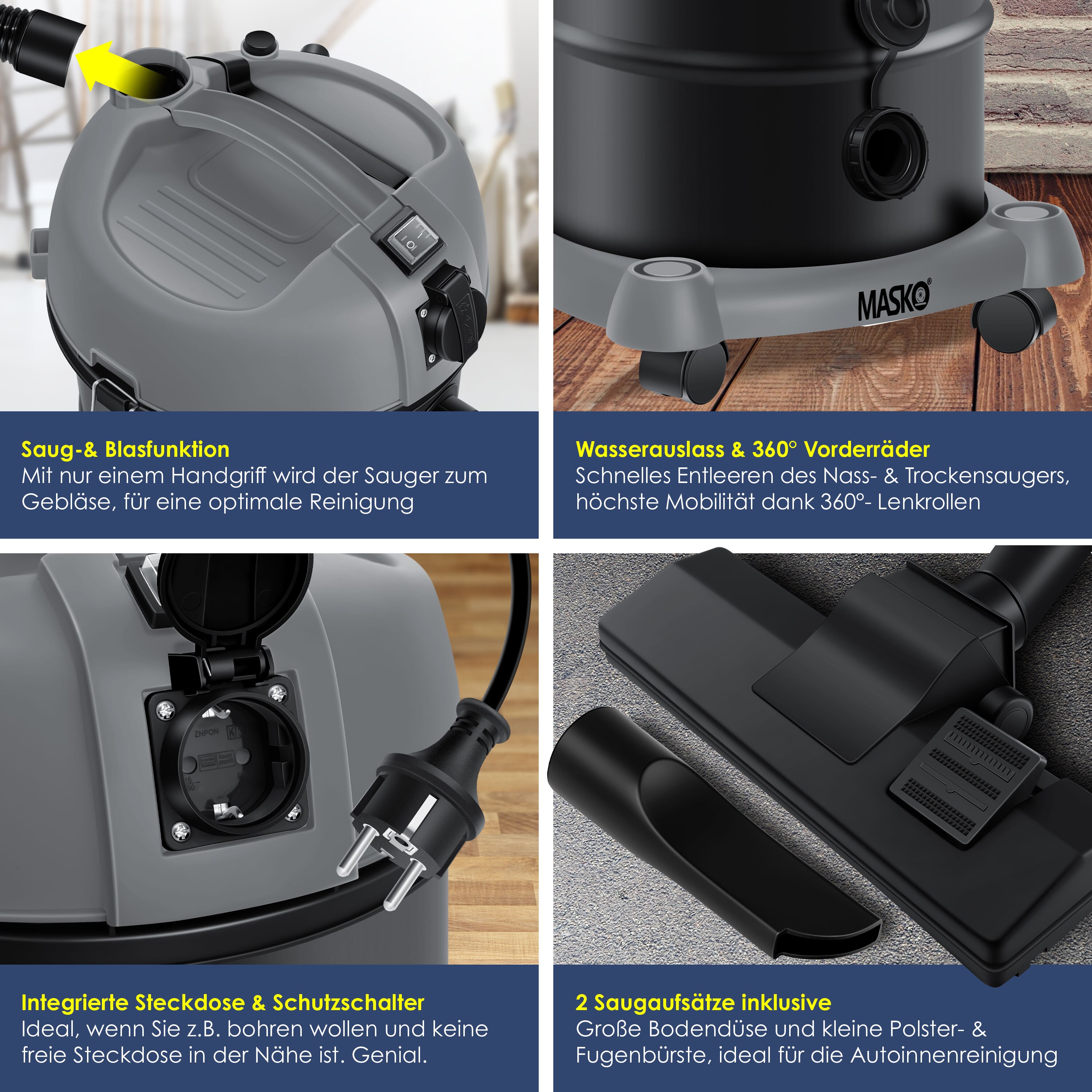MASKO® 6IN1 Industriestaubsauger Staubsauger Nass Trocken Sauger Aschesauger 2300W + Steckdose ? Blasfunktion ? Trocken-Saugen & Nass-Saugen | Industrie-Sauger mit & ohne Beutel | beutellos