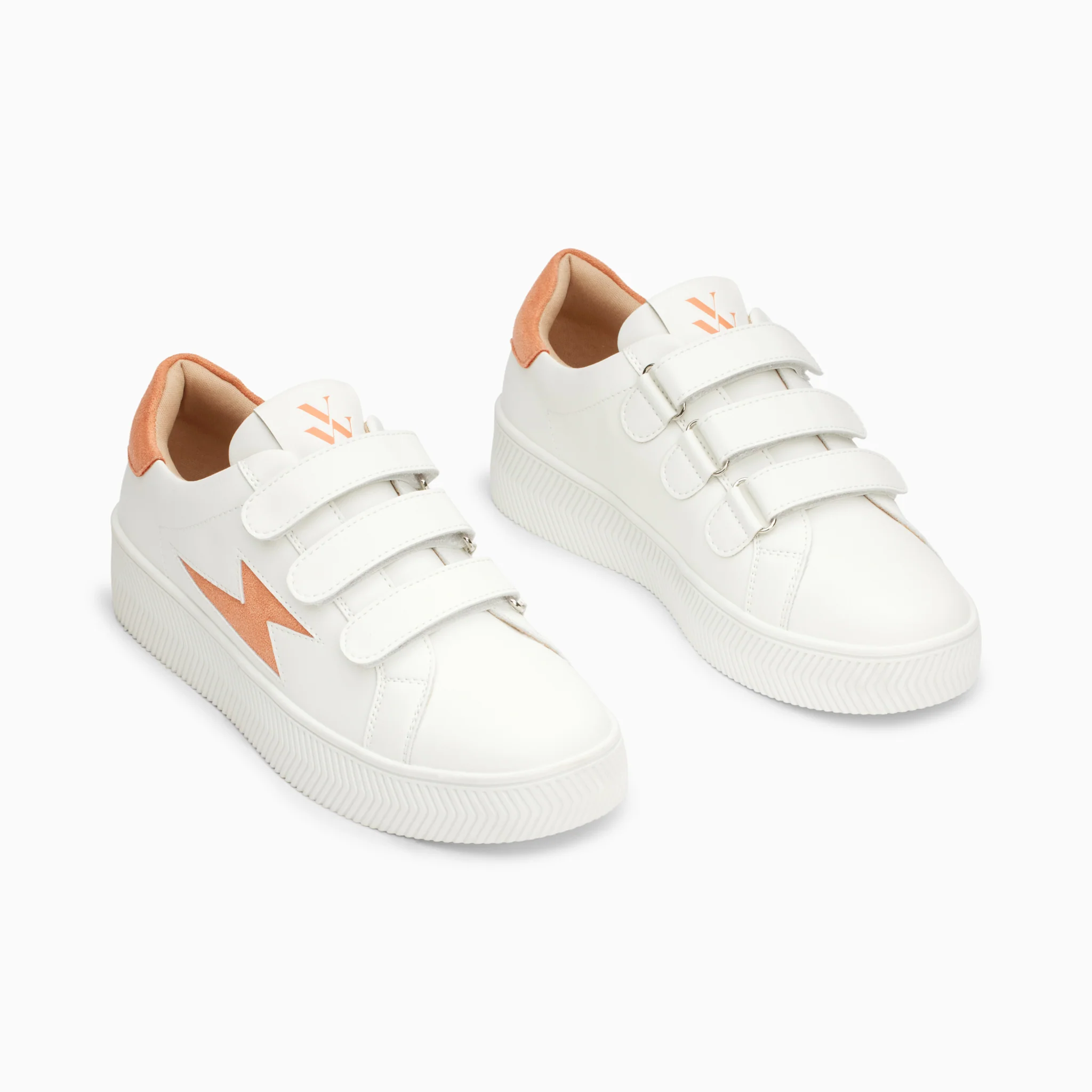 Sneakers-Baskets éclair Camelia blanc et orange à scratchs