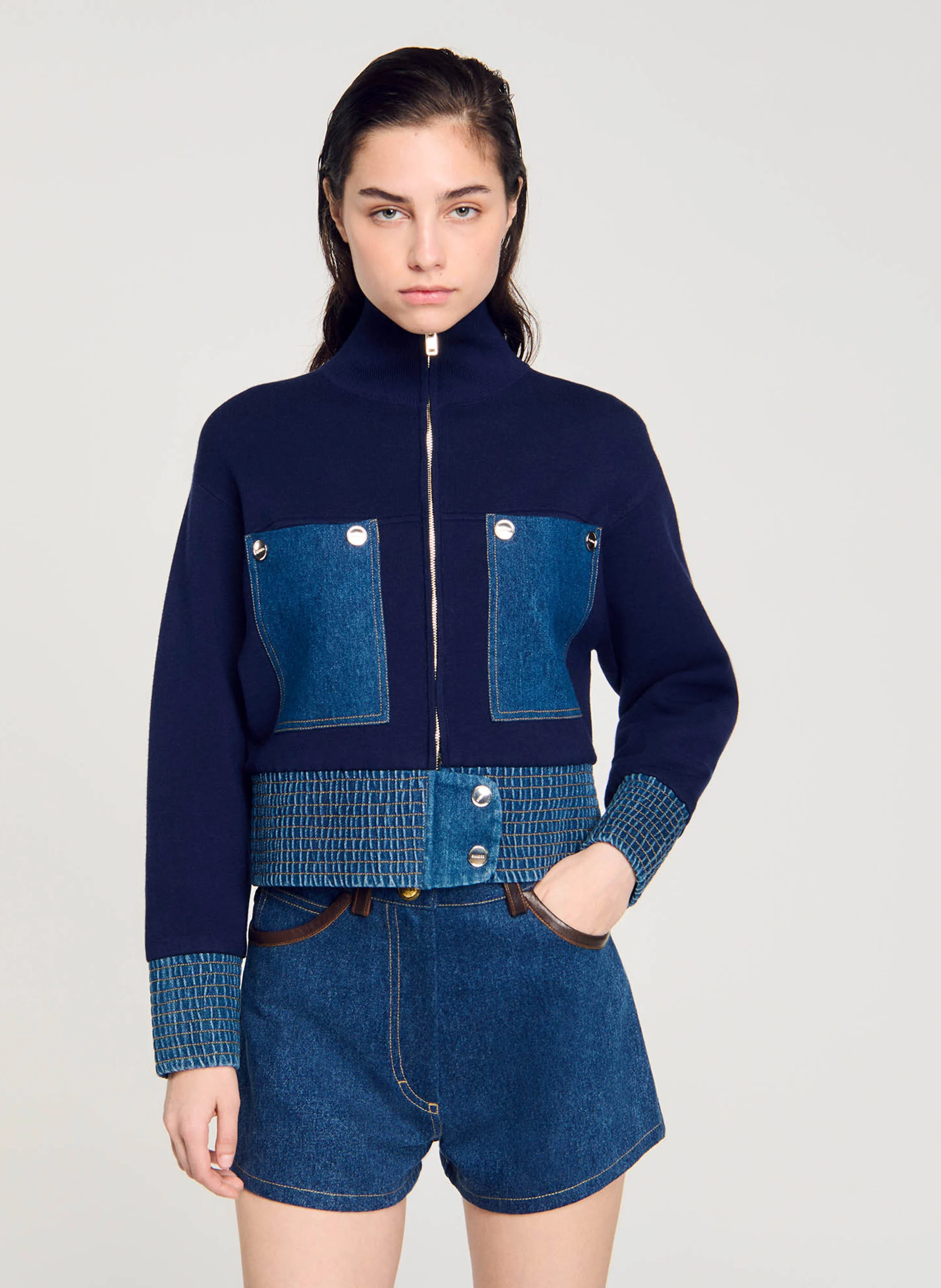 Blouson col montant droit en maille | Bleu