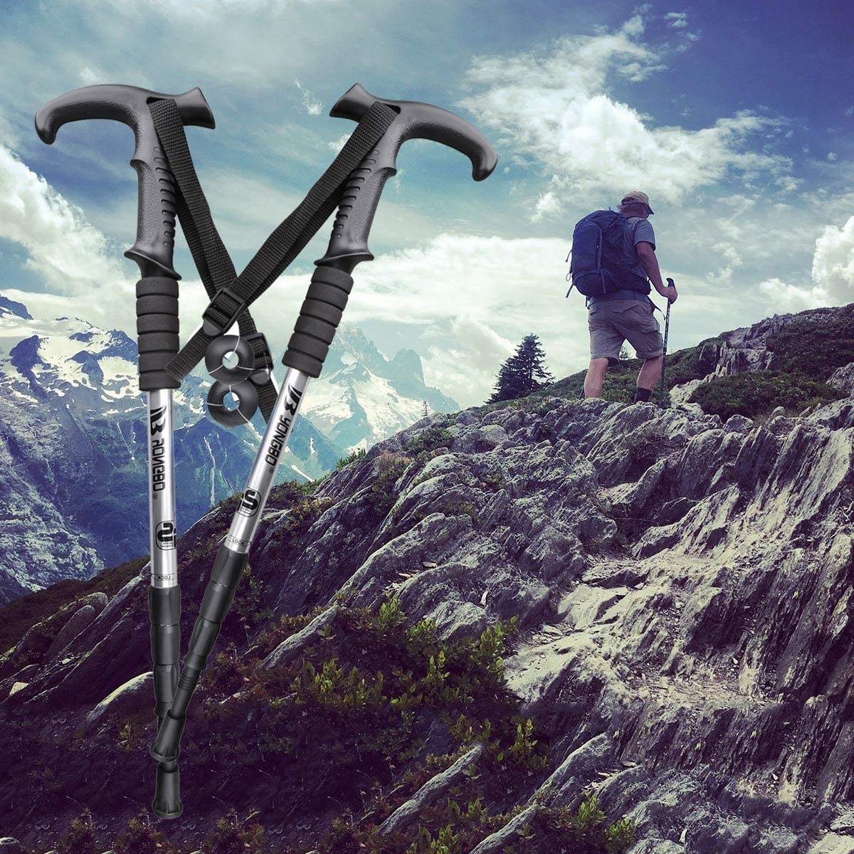 (2er Set) Aluminium Anti-Shock Wanderstock Nordic Walking Hiking Poles Stock Verstellbar - Schwarz