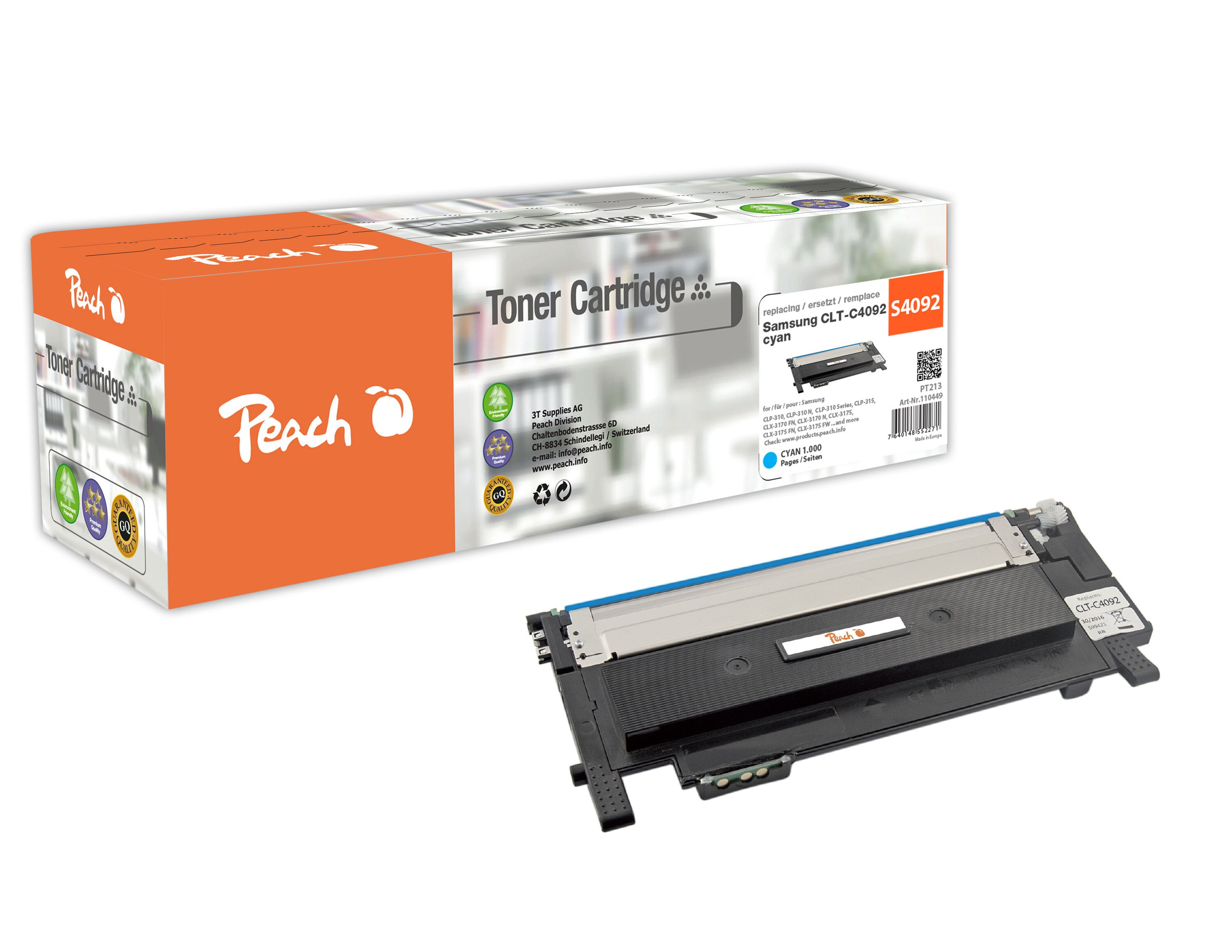 Peach S4092Toner cy ersetzt Samsung CLT-C4092S/ELS, SU005A für z.B. Samsung CLP -310, Samsung CLP -310 N, Samsung CLP -315, Samsung CLP -315 N (wiederaufbereitet)