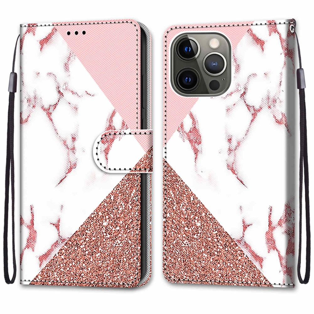 iPhone 13 Pro Leder Tasche mit Kartenfächer   Handschlaufe - Marble Marmor (Roségold / Weiss)
