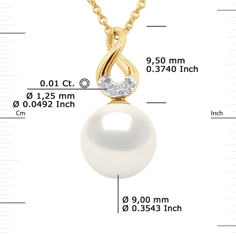 Pendentif HUIT - Diamants 0,11 Cts - Véritable Perle de Culture d'Eau Douce Ronde 9-10 mm - Or Jaune