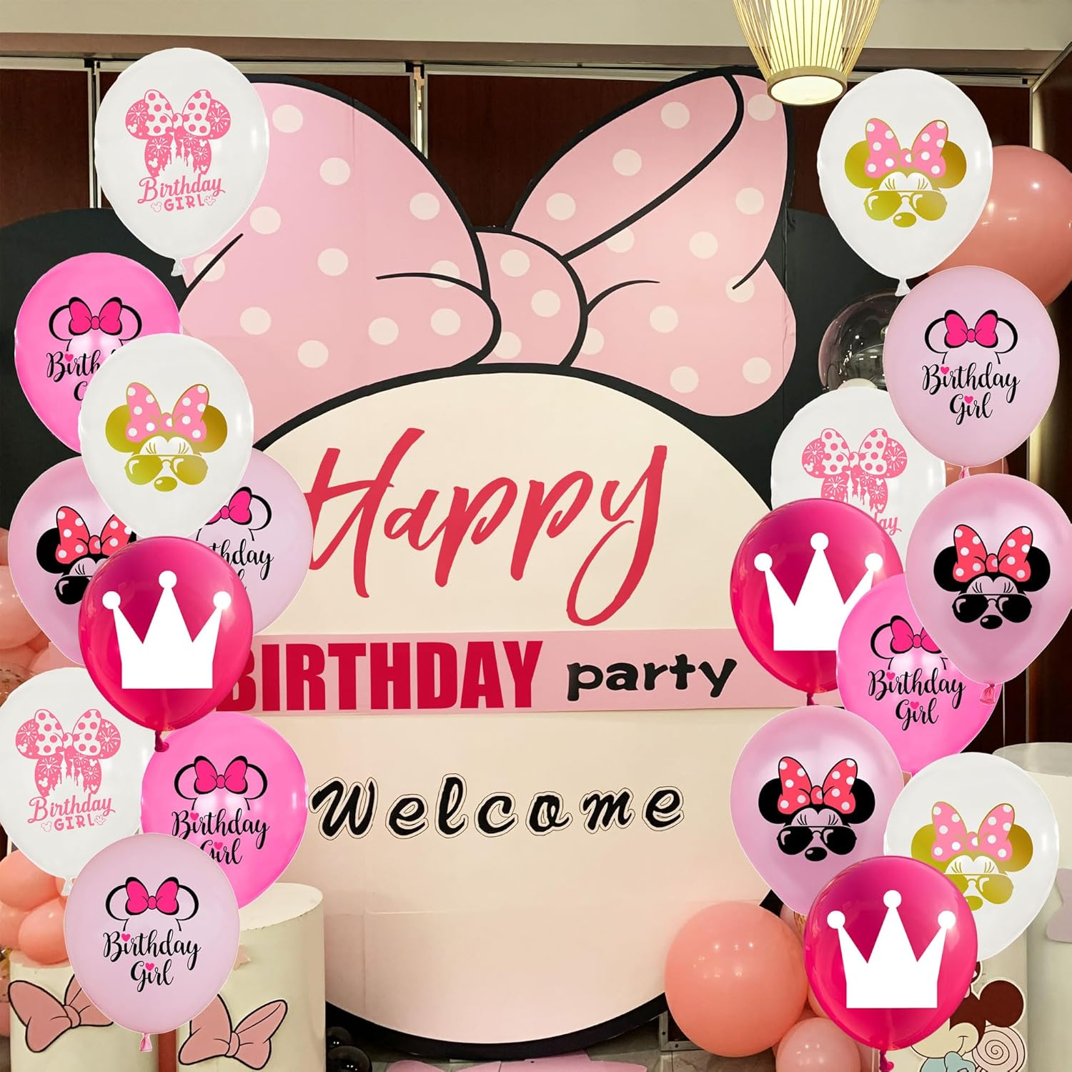 (12er Set) Happy Birthday Latex Ballons Kinder Geburtstags Party Deko Maus Luftballons mit Konfetti - Pink / Rosa / Weiss
