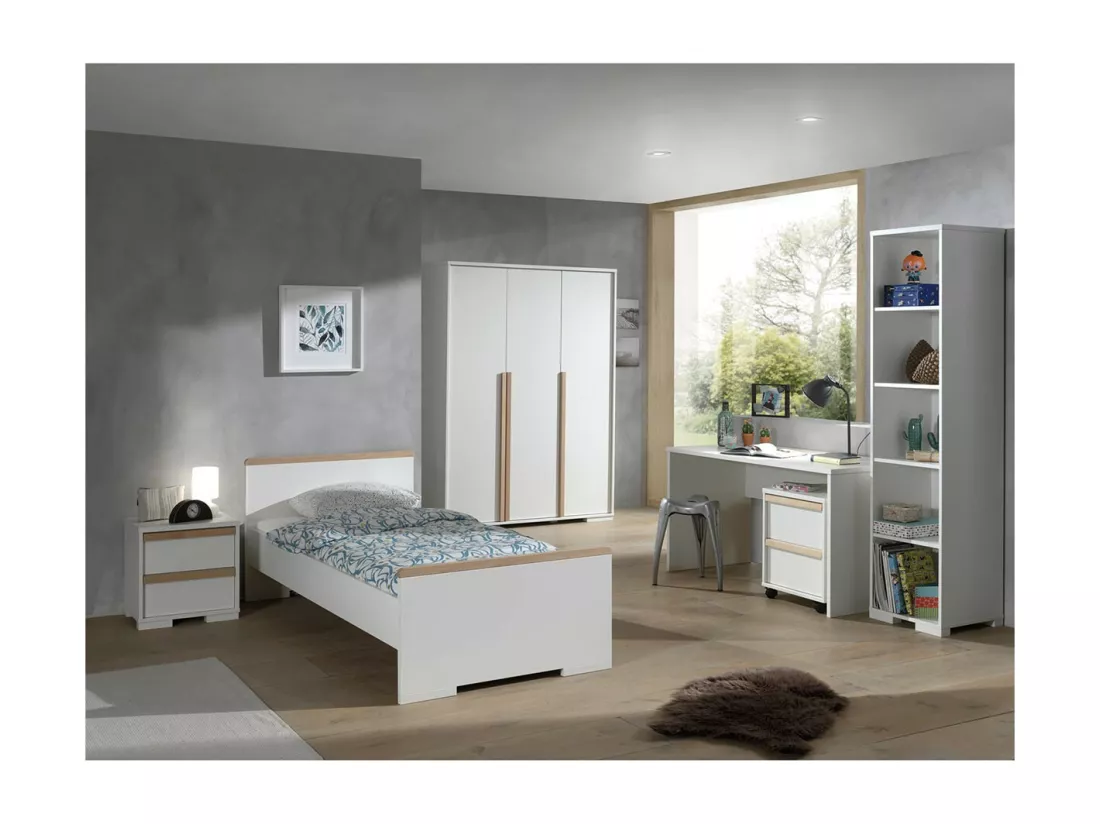 NASH WHITE - Lit 90x200cm + Chevet + Armoire 3P + Pack Bureau