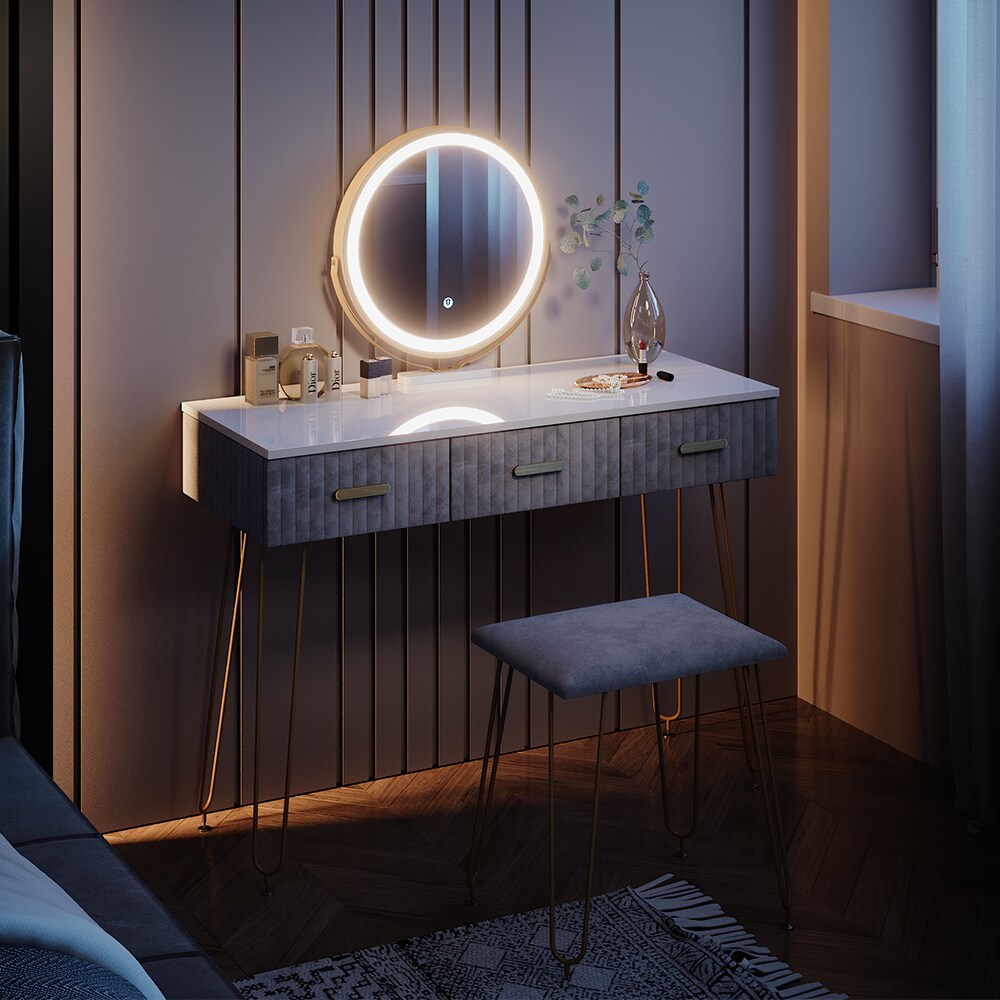 Vicco Schminktisch Frisiertisch Schminkkommode Layla Weiß Grau LED-Spiegel Design-Hocker 100x79 cm modern Schlafzimmer Kommode Schublade Ablage Aufbewahrung Touch-Switch Kosmetiktisch Make-Up-Tisch