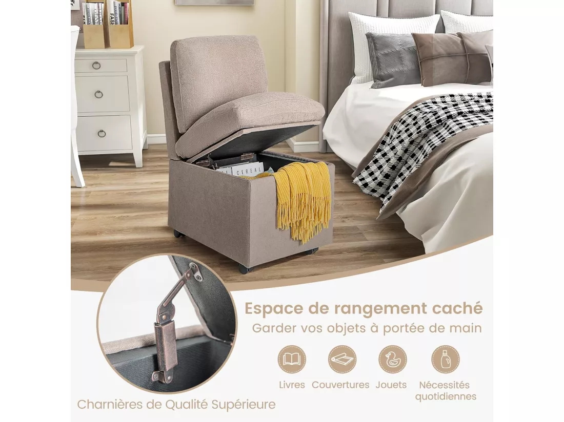 Fauteuil Salon Rembourrée avec Rangement et Roues, Chaise d'Appoint sans Accoudoirs en Tissu avec Coussins Amovibles, Ottoman de Rangement avec Dossier pour Salon, Chambre, Bureau (Style 1)