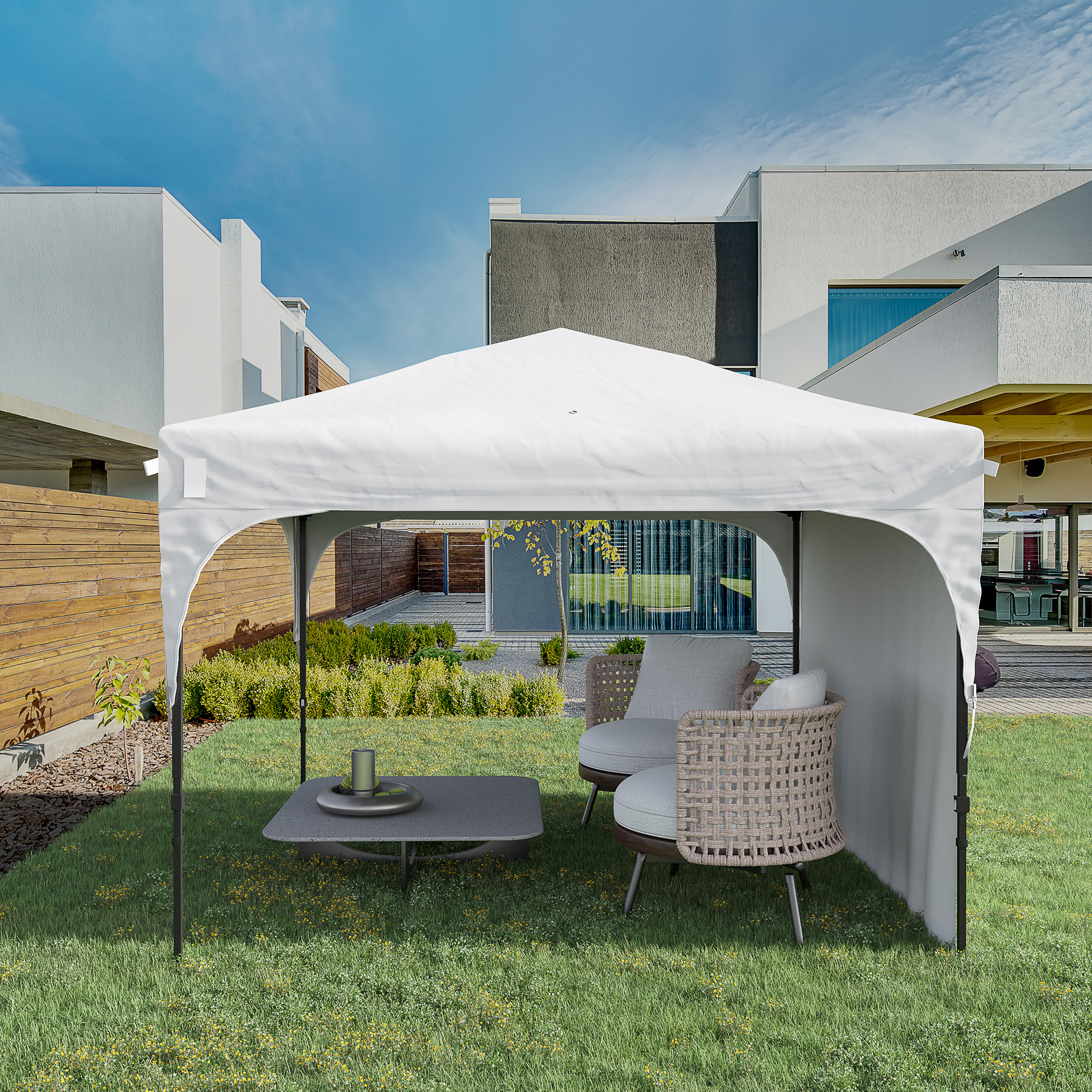 Tenda dobrável Outsunny 3x3m para jardim, com altura ajustável, 1 parede lateral impermeável, 4 sacos de areia e bolsa de transporte para festas ao ar livre no pátio, branca.