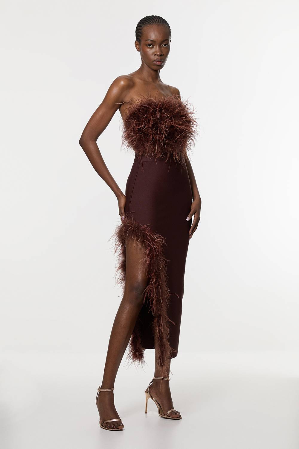 KarenMillen Robe Midi Moulante À Bandeau En Maille Avec Détails Plumes Et Effet Bandage Petite Taille