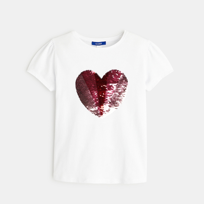 T-shirt à sequins magiques motif cœur rose fille