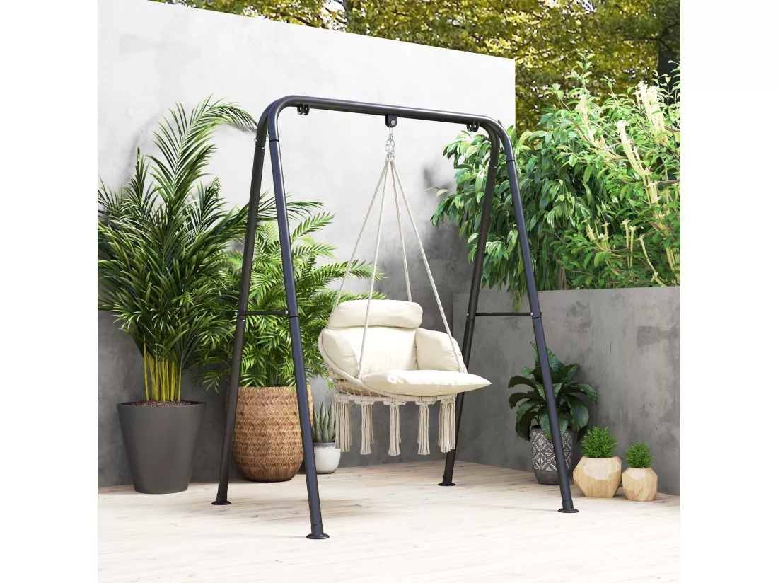 Chaise suspendue de jardin - grand coussin inclus - macramé coton polyester blanc cassé