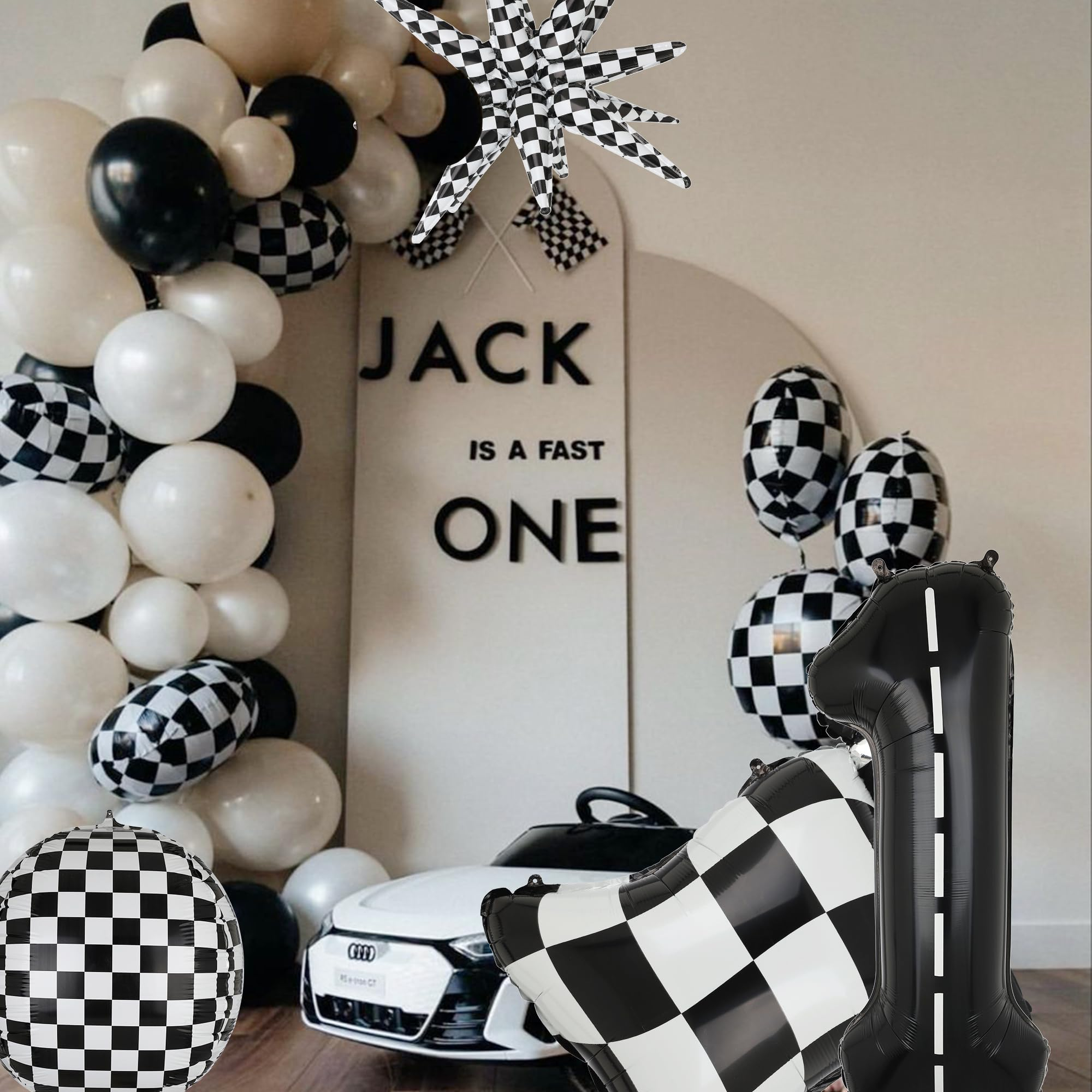 (12-tlg. Set) Auto Rennen Folien Ballons Car Rennauto Party Deko - Schwarz / Weiss