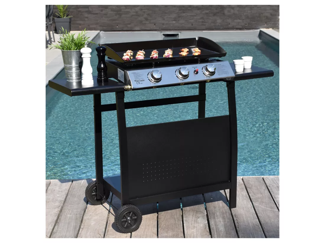 Plancha au gaz SÉVILLE - 3 brûleurs 7,5kW + chariot - HAPPY GARDEN