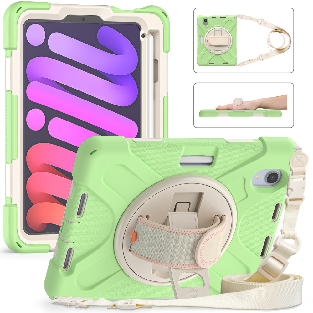 iPad Mini 7 (2024) / Mini 6 (2021) Hybrid Outdoor Silikon Case Hülle mit Aufsteller und Handschlaufe und Schultergurt - Grün