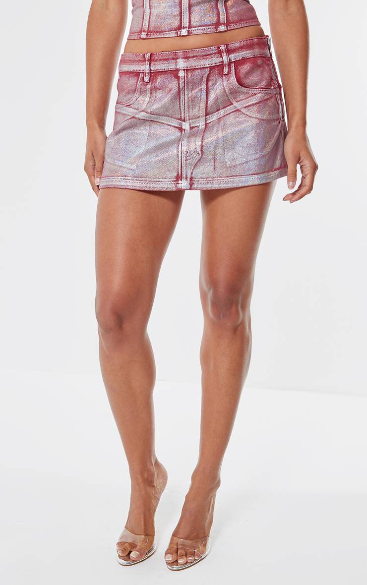 Cherry Red Jupe Micro Mini En Denim Effet Feuille Métallisée Argentée