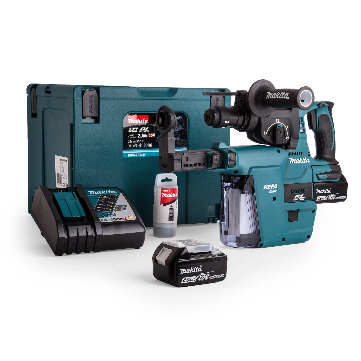 Makita DHR243RMJV 18V Li-Ion Accu SDS-plus combihamer incl. snelspanboorkop en stofafzuiging set (2x 4.0Ah accu) in Mbox - 2J - koolborstelloos