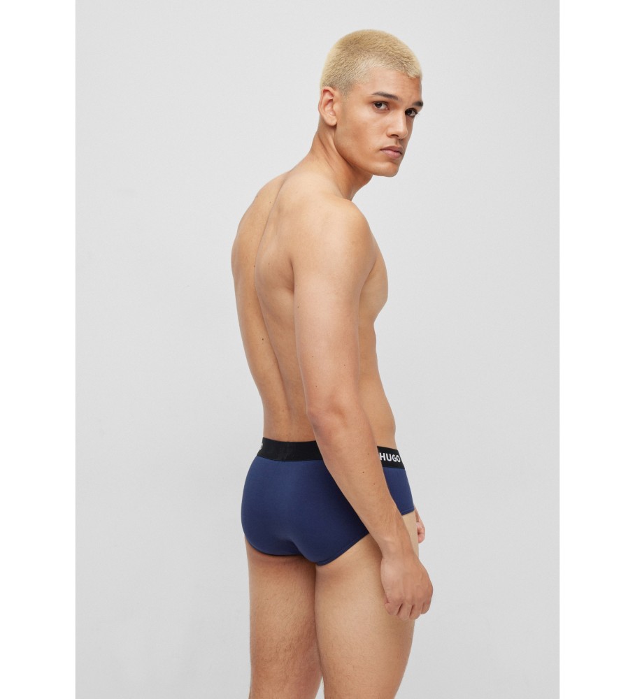 Conjunto de 3 cuecas HUGO em algodão elástico com logotipo azul-marinho.