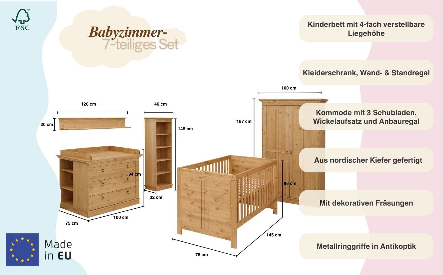 Lüttenhütt Babyzimmer-Komplettset »Indra, FSC® zertifiziertes Massivholz, zum Jugendzimmer umgestaltbar« Kleiderschrank, Bett, Kommode + Aufsatz, Unterbau-, Wand- & Standregal,