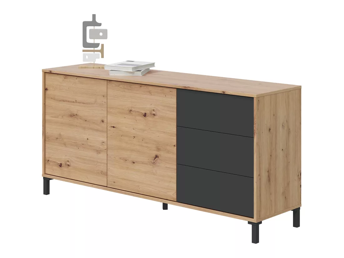Buffet meuble de rangement en mélamine coloris Chêne gris anthracite - Hauteur 74 x Longueur 154 x Profondeur 41 cm