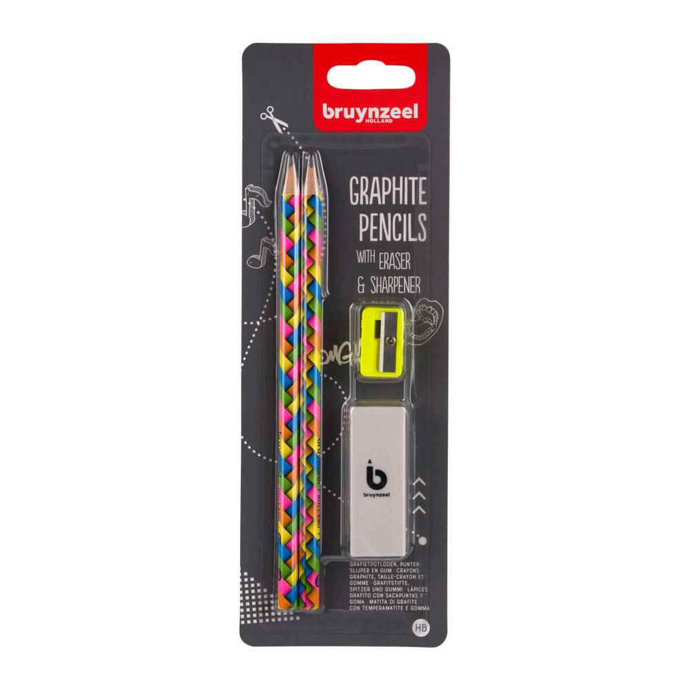 Bruynzeel HB grafietpotlodenset neon met gum