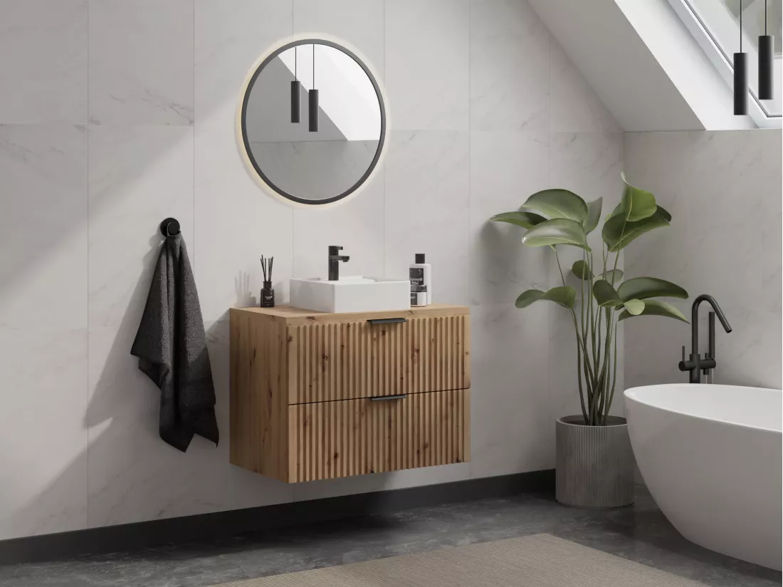 Meuble sous vasque suspendu strié avec planche - Naturel clair - L80 cm - ZEVARA