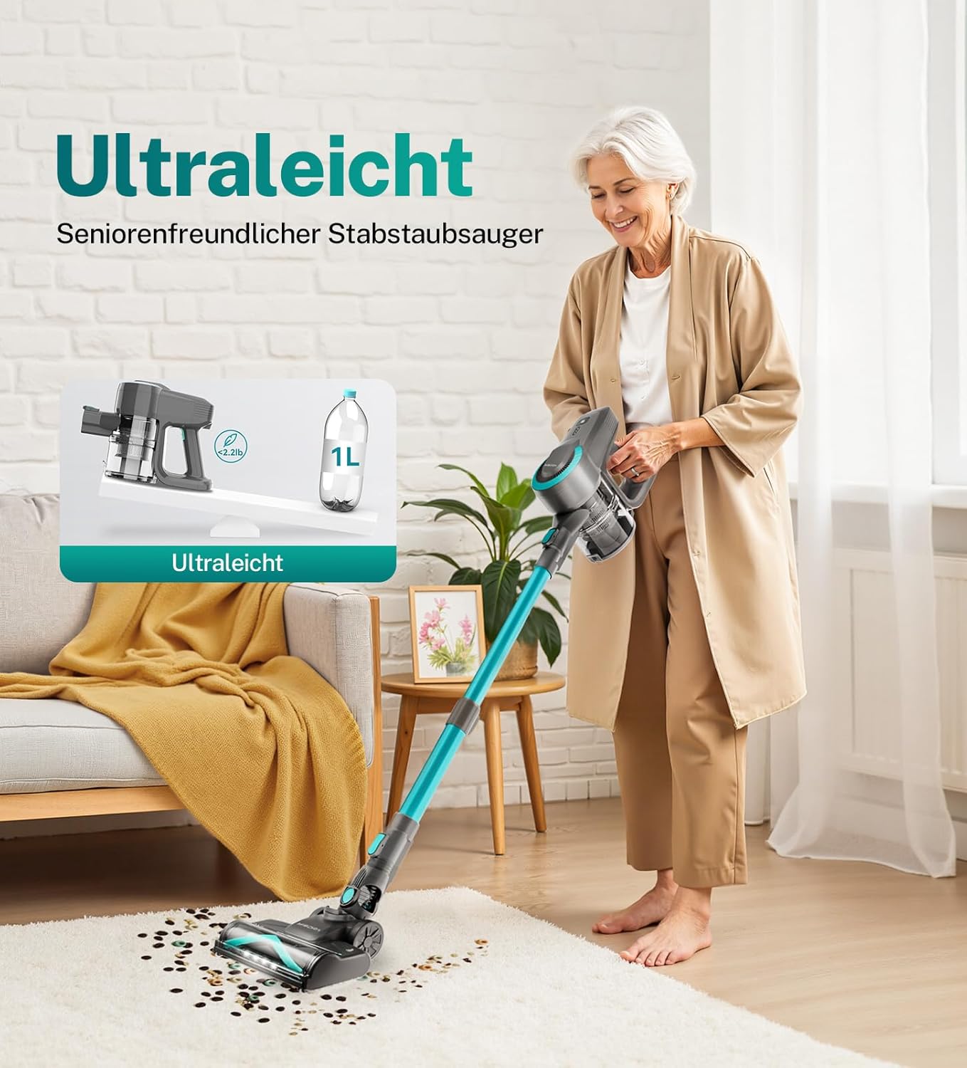 Akku Staubsauger, 28000Pa/175W/55Min Staubsauger Kabellos, Anti-Tangle-Bürste und Selbststehend, Ultraleichter Handstaubsauger akku vacuum cleaner Stielstaubsauger für Teppichen, Hartboden, Tierhaare