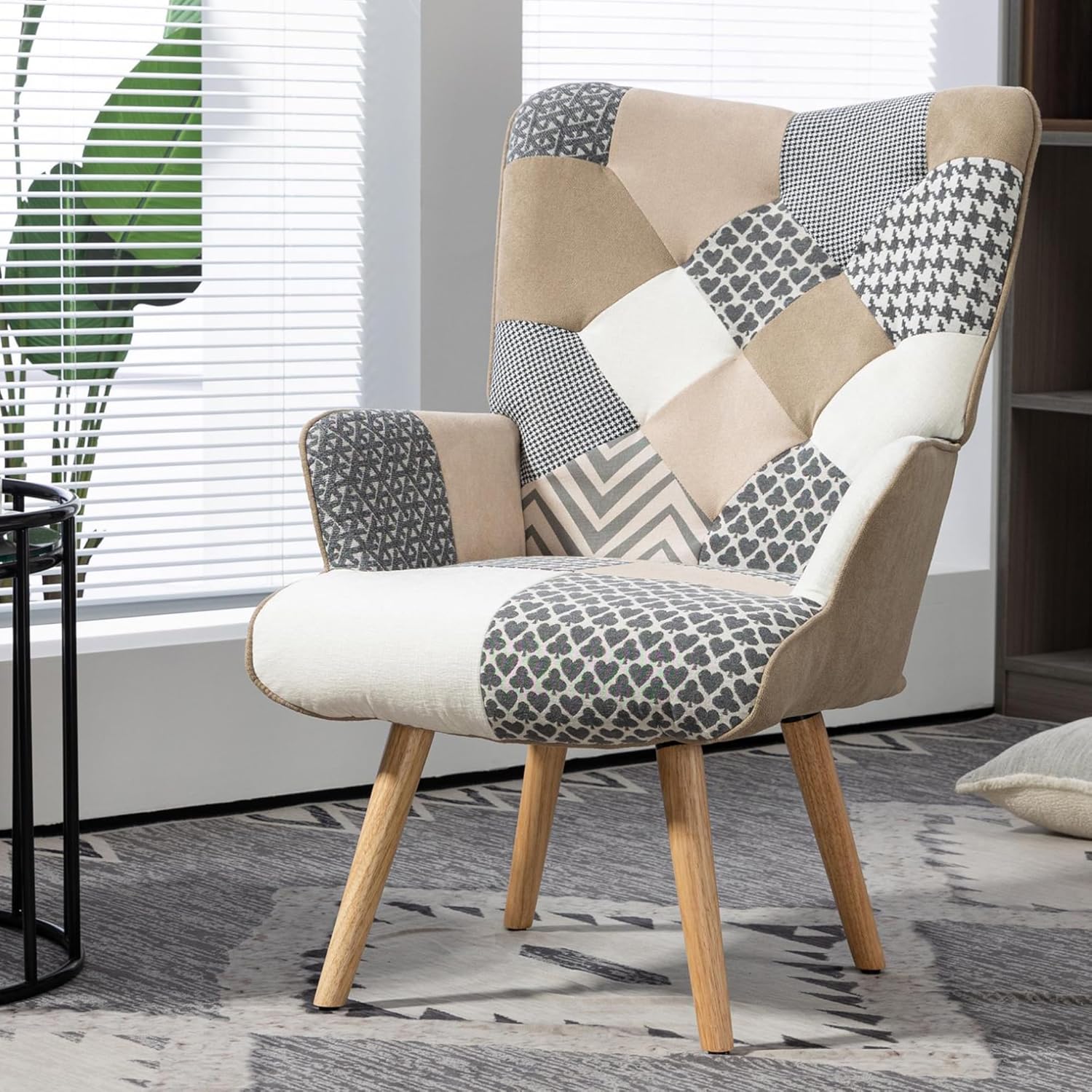 Patchwork Sessel Relaxsessel Leinen Loungesessel mit Massivholzfüße Ohrensessel für Wohnzimmer, Schlafzimmer, Leseecke, Grau