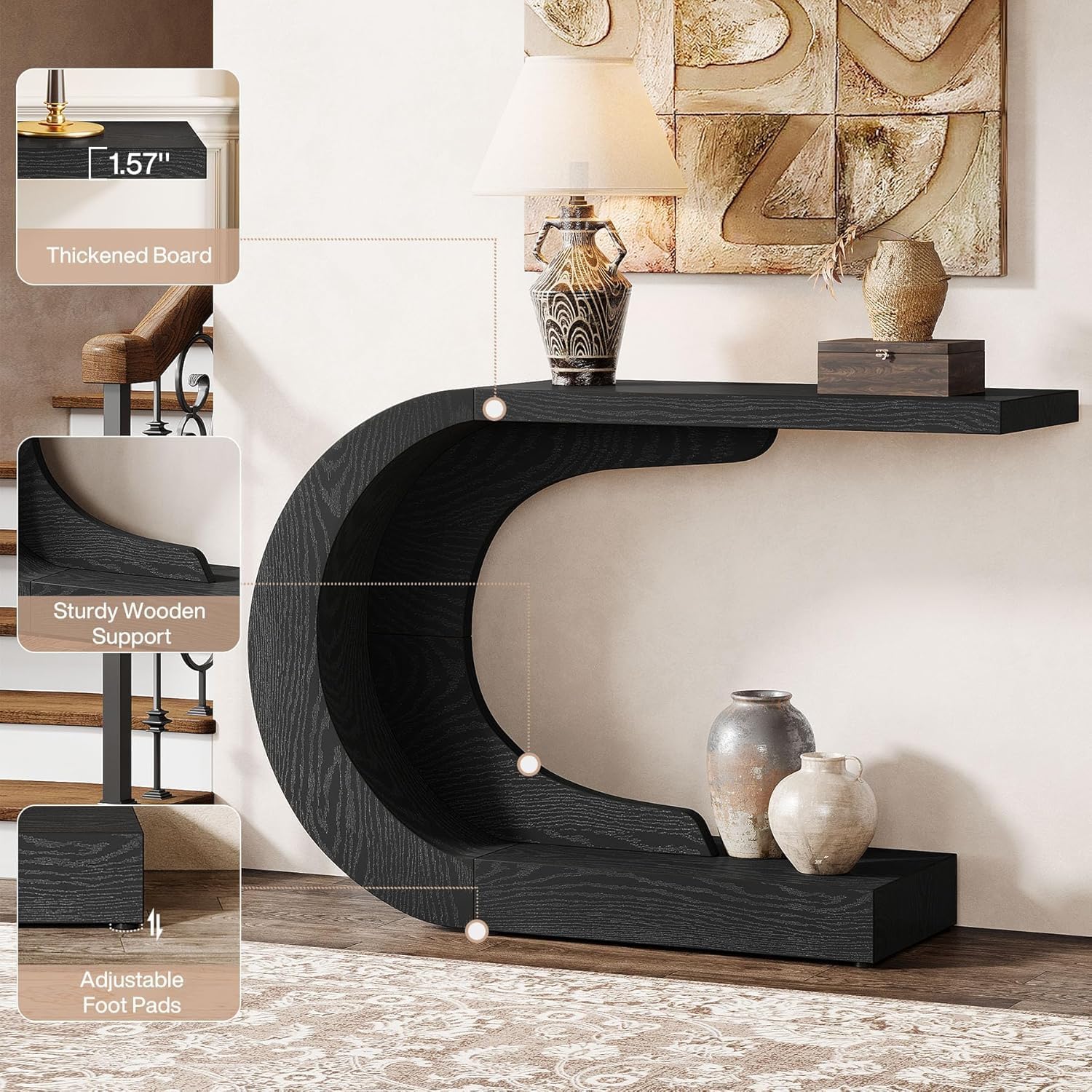 Tribesigns Mid-Century Modern-Stil Konsolentisch, C-förmiger Konsolentisch aus Holz für den Flur, Wohnzimmer, Eingang, Foyer, einfache Montage, Schwarz, 110 x 35 x 75 cm (Schwarz)